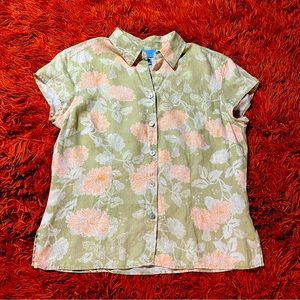 Women’s SO blue Sigrid Olsen 100% Linen Button Up Top sz S Floral Short Sleeve